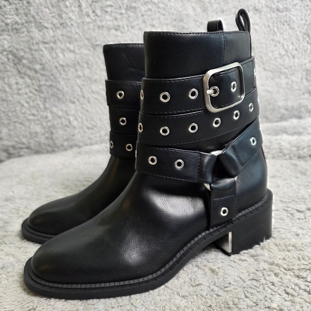 BCBGeneration Black Ankle Boots Straps Studded Biker Moto Womens 5.5‎ NEW